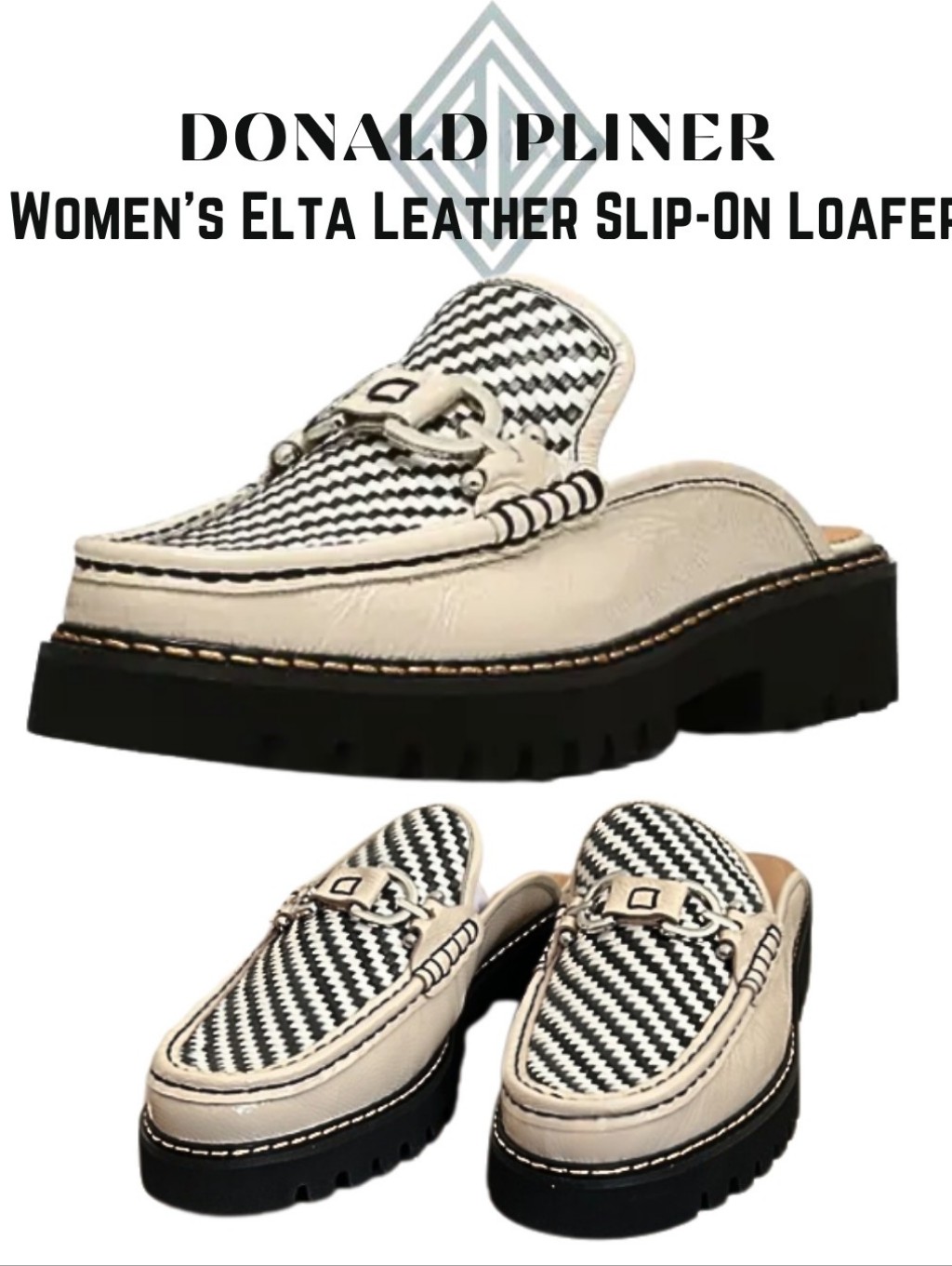 Donald J. Pliner Women's Leather Elta Black And Cream Silver Bit Slip-On Loafers